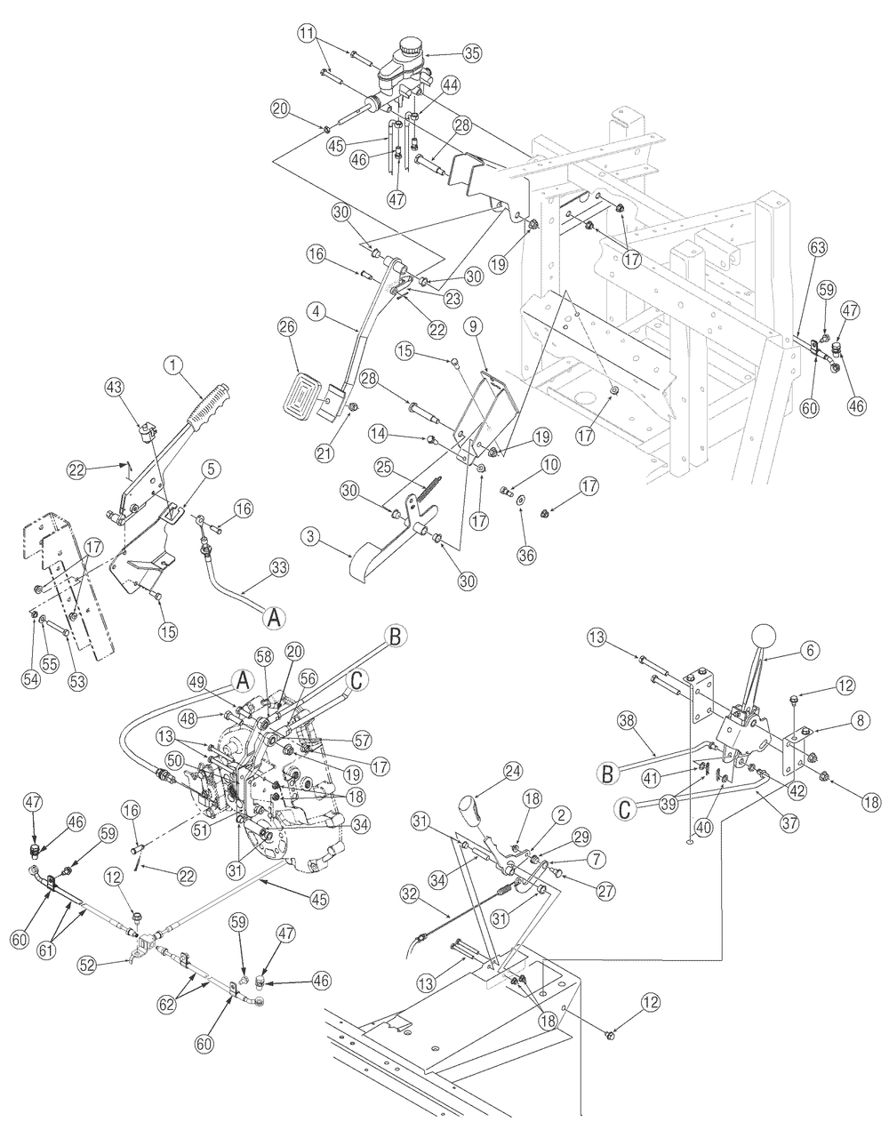 Pedals And Levers Diagram and Parts List for 467 4X4-1B017G-Before-37ACD710 Cub Cadet Lawn Tractor Accessories